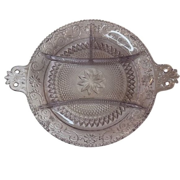 Vintage Lavender Glass Divided Relish Dish Floral & Geometric Design - Picture 1 of 4